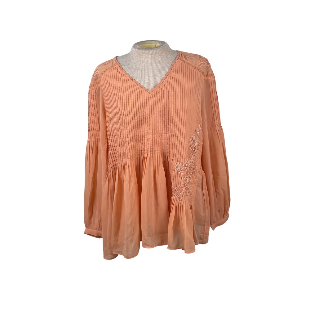 Soft Surroundings Peach Pintuck Embroidered Sequin Blouse V-Neck Top S
